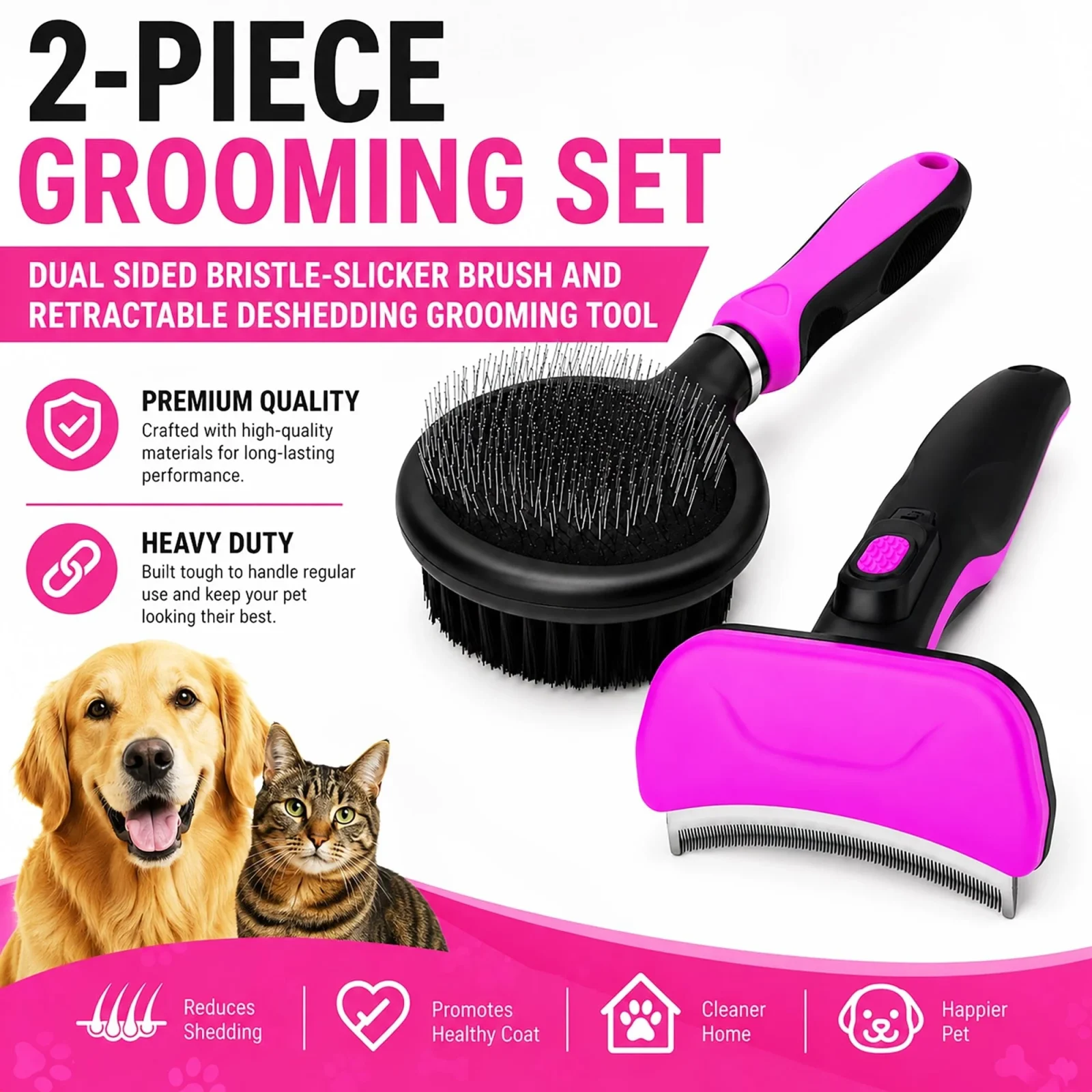 Pet Life ® 2-Piece Premium Deshedder and Dual-Sided Slicker and Bristle Brush Cat and Dog Grooming Set - Pink - Image 2