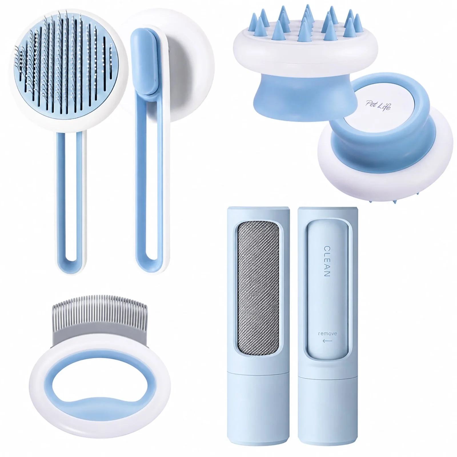 Pet Life ® 4-Piece Modern Premium Massage Slicker and Lint Brush and Deshedder Cat and Dog Grooming Set - Blue