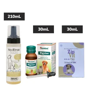 Wahl No Rinse Oatmeal Shampoo with Himalaya Digyton and Intas Zipvit Dog Drops Combo