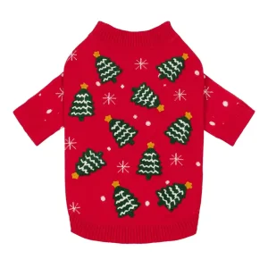 Christmas Tree Bow Dog Embroidered Sweater in Red