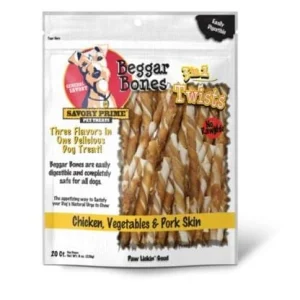 Savory Prime Beggar Bones Rawhide-Free Twists 3-in-1 Chicken Vegetable and Pork Skin Natural Dog Chews