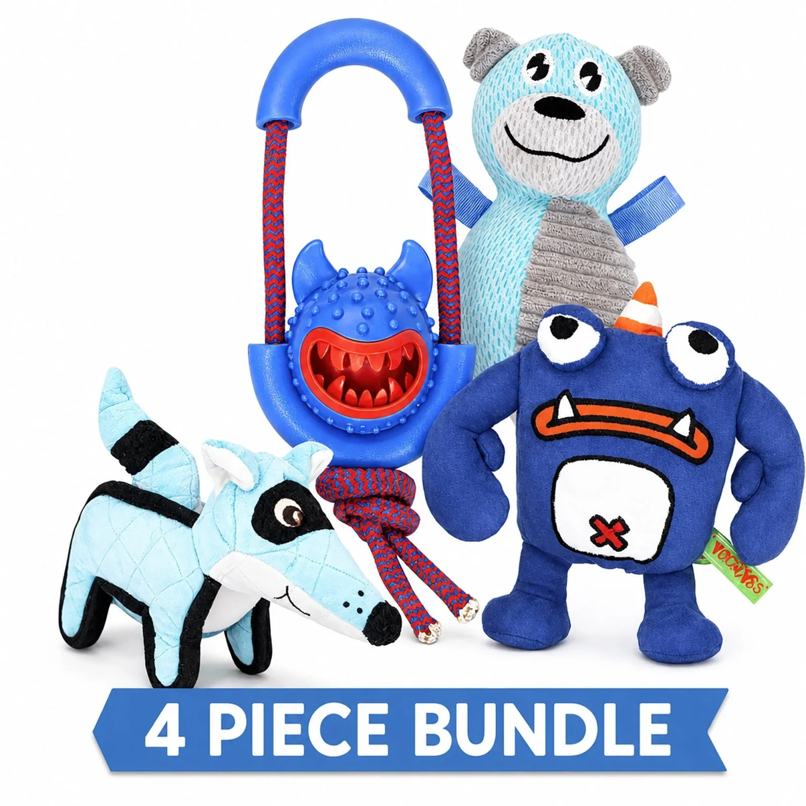 Pet Life ® 4-Piece Fetch Tug and Plush Squeaking Bundle Dog Toy Set - Blue - Image 2