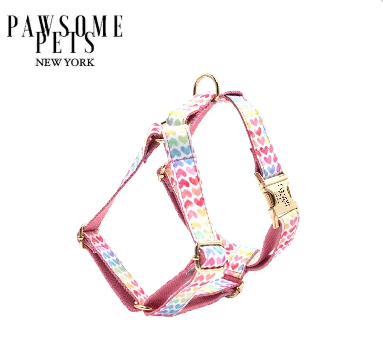 Step-in Dog Harness, Rainbow Heart Pink