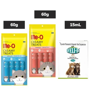 Me O Creamy Chicken Liver and Salmon Cat Treats with Areion Vet Feli D Kitten Deworming Suspension Combo
