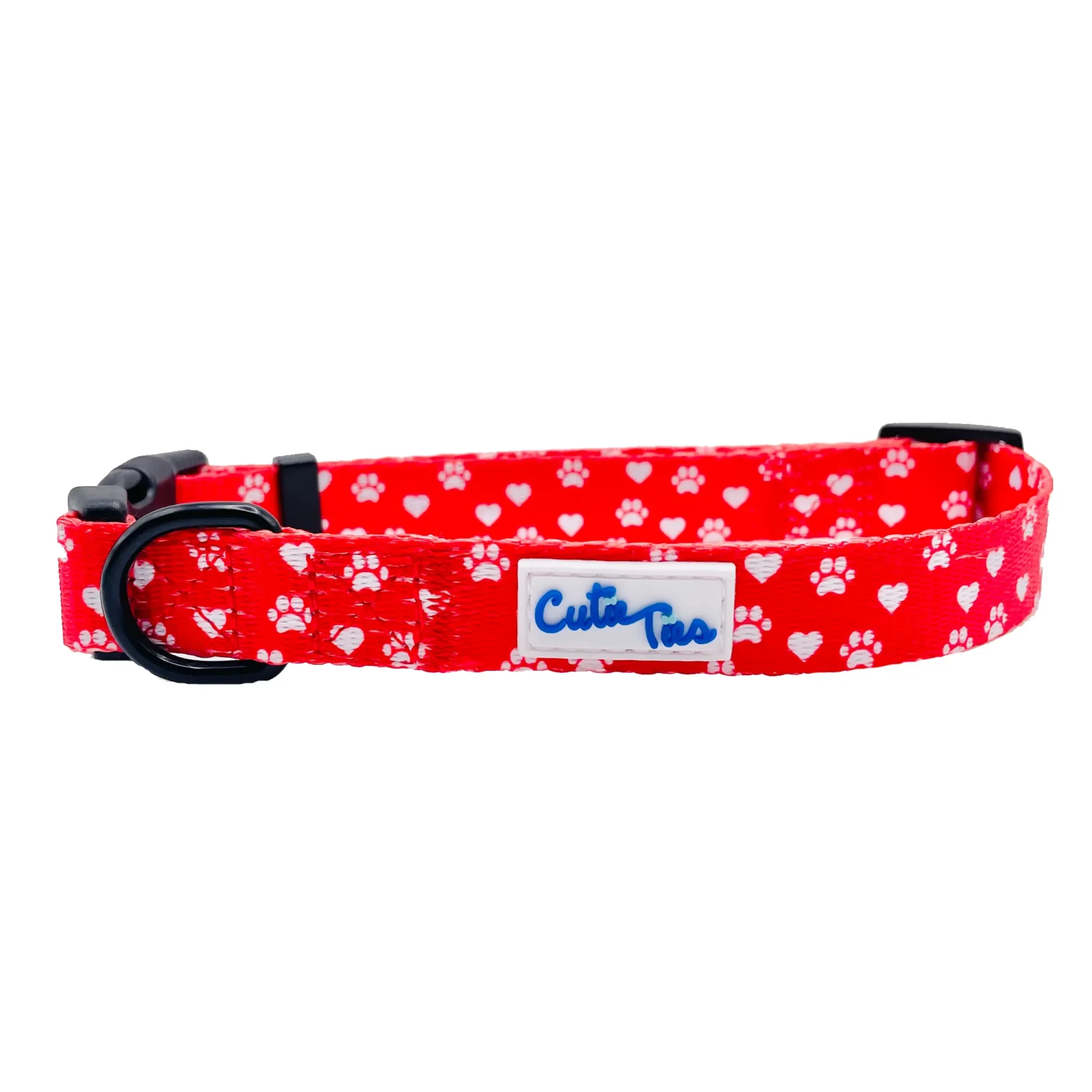 Cutie Ties Fun Design Dog Collar, Paw prints & hearts red - Image 2