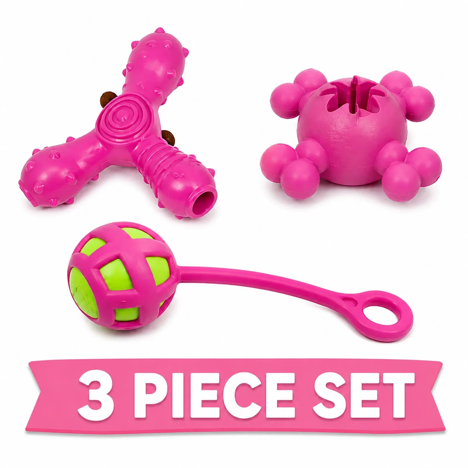 Pet Life ® 3-Piece Plush Tug Fetch and Squeaking Interactive Dog Toy Set - Pink - Image 2