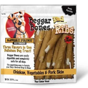 Savory Prime Beggar Bones Rawhide-Free Ribs 3-in-1 Chicken Vegetable and Pork Skin Natural Dog Chews