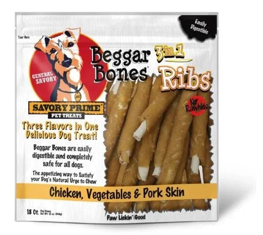 Savory Prime Beggar Bones Rawhide-Free Ribs 3-in-1 Chicken Vegetable and Pork Skin Natural Dog Chews