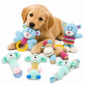 Pet Life ® 6-Piece Boy Puppy Starter Kit Plush Rope Teething and Crinkle Dog Toy Set - Blue