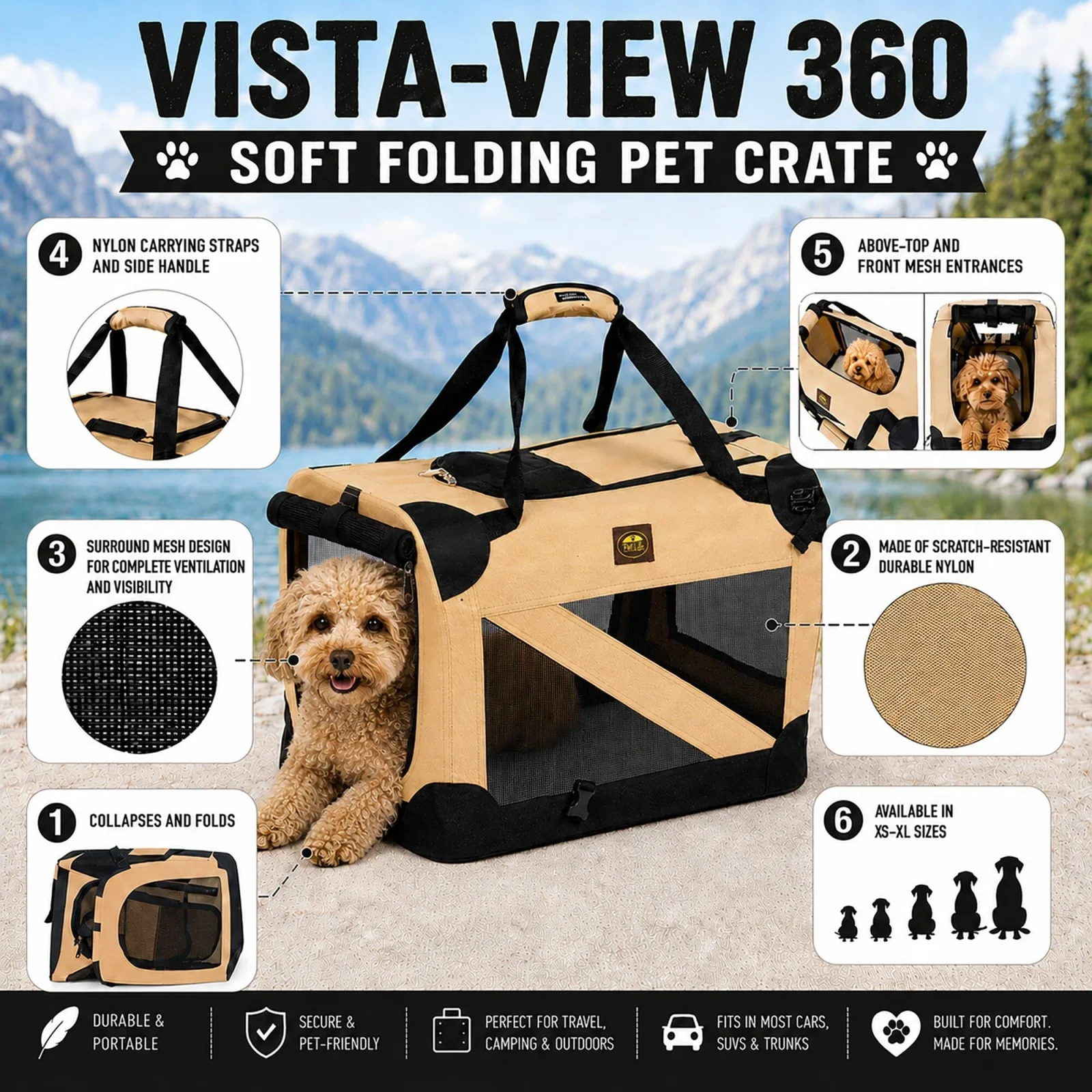 Pet Life ® '360° Vista View' Zippered Soft Folding Collapsible Durable Metal Framed Pet Dog Crate House Carrier - Image 2