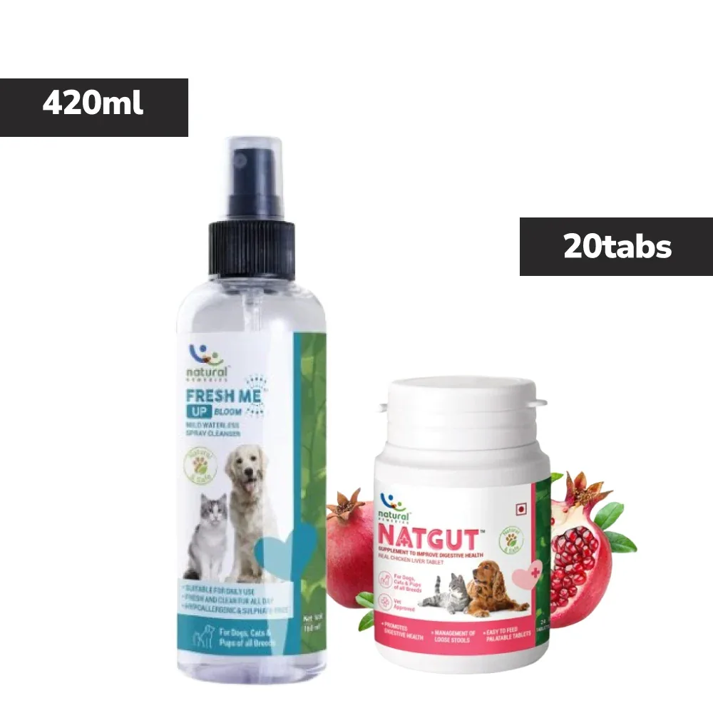 Natural Remedies Natgut Digestive Tablets & Fresh Me Up Bloom Dry Shampoo Dogs & Cats Combo