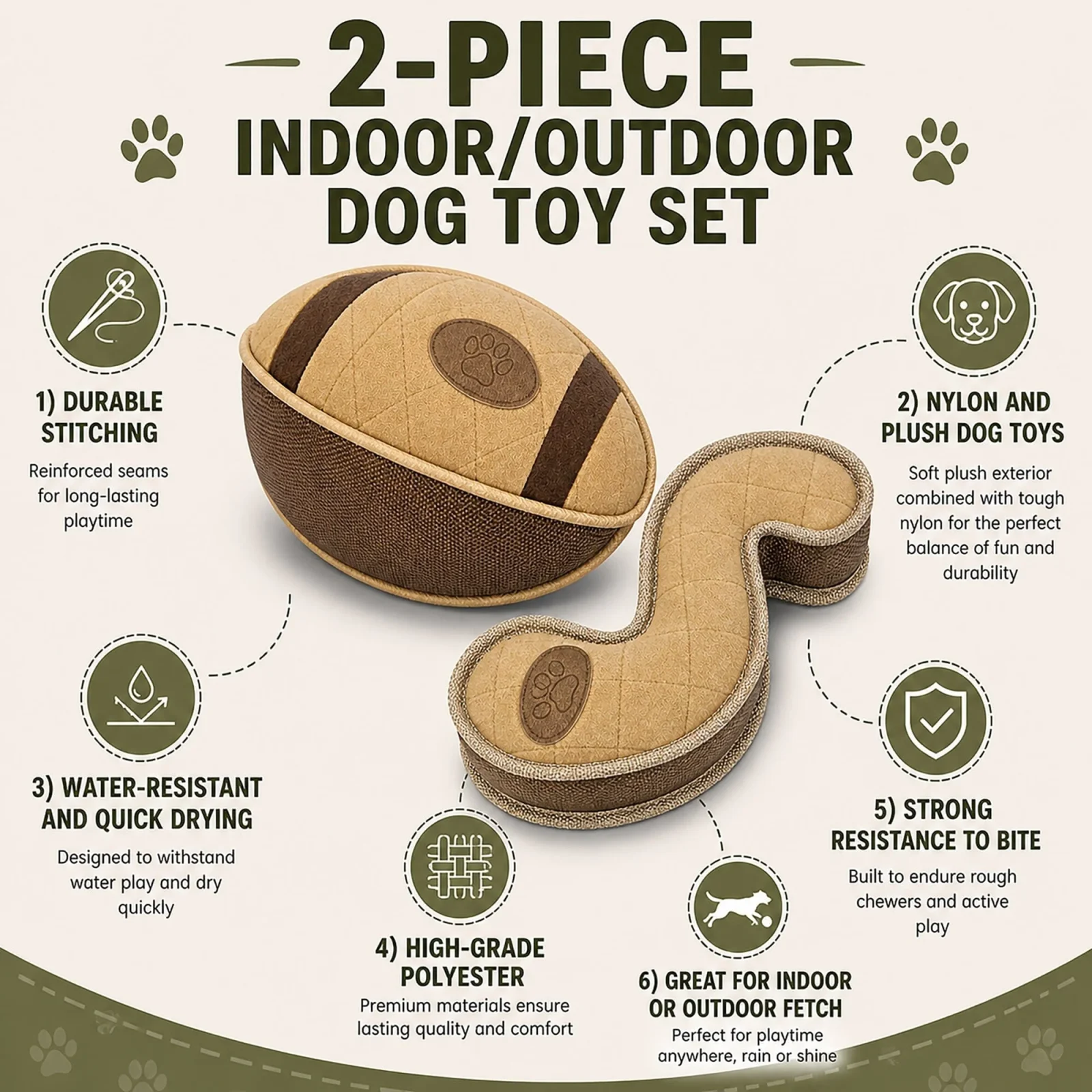 Pet Life ® 2-Piece Indoor or Outdoor Durable Nylon Plush Squeak and Fetch Dog Toy Set - Khaki - Image 2