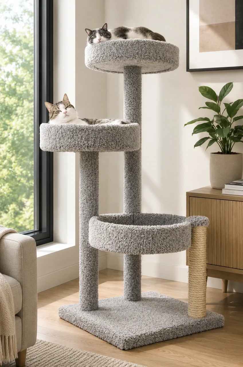 Multi-Level Cat Tree for Large Cats | Solid Wood Mid-Height Cat Condo for Multi-Cat Homes