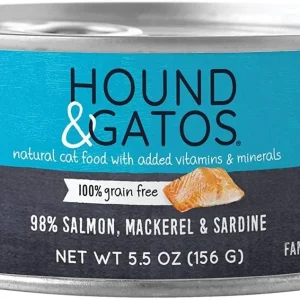 Hound and Gatos 98% Salmon, Mackerel and Sardine Grain-Free Wet Cat Food, 5.5 oz each, Case of 24
