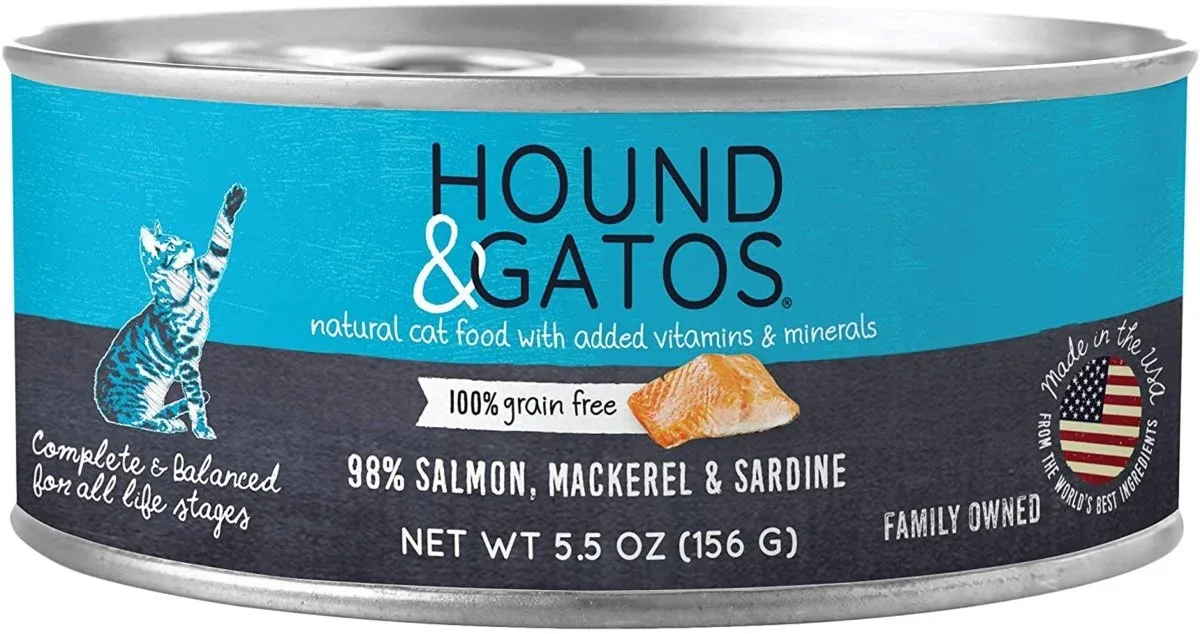 Hound and Gatos 98% Salmon, Mackerel and Sardine Grain-Free Wet Cat Food, 5.5 oz each, Case of 24
