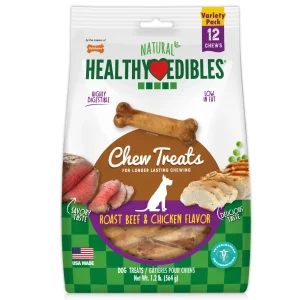 Nylabone Healthy Edibles All-Natural Long-Lasting Roast Beef and Chicken Dog Chew Treats Variety, Small/Regular up to 25 lb. 12 ct