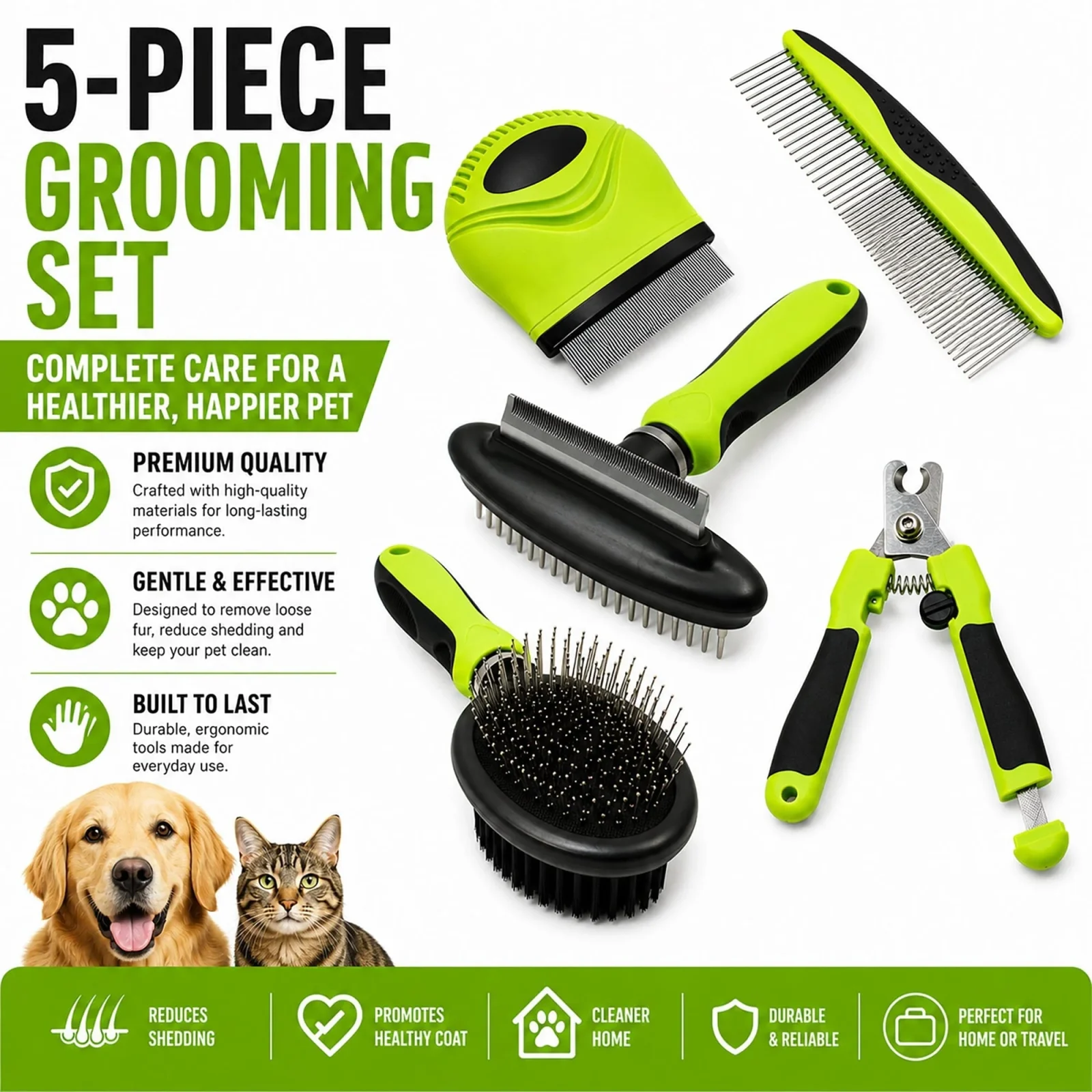 Pet Life ® 5-Piece Premium Nail Trimmer and Comb Pin Tick and Bristle Brush Cat and Dog Grooming Set - Green - Image 2