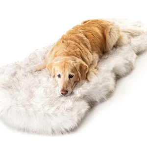 PupRug® Runner Faux Fur Memory Foam Dog Bed Cover - Curve White with Brown Accents (Bed Not Included)
