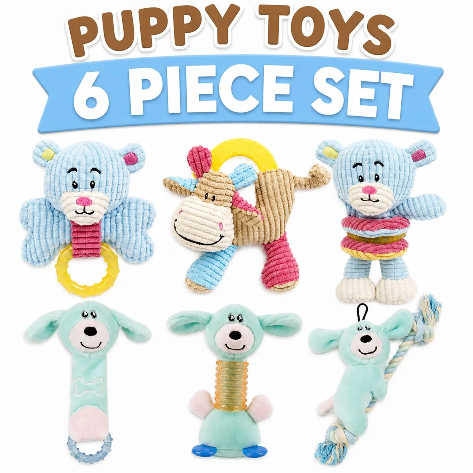 Pet Life ® 6-Piece Boy Puppy Starter Kit Plush Rope Teething and Crinkle Dog Toy Set - Blue - Image 2