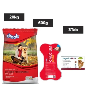 Zoetis Simparica Trio 20-40kg Tick & Flea Control Tablets, Drools Optimum Performance Adult Dry Food, Drools Absolute Calcium Bones Treats Dog Combo