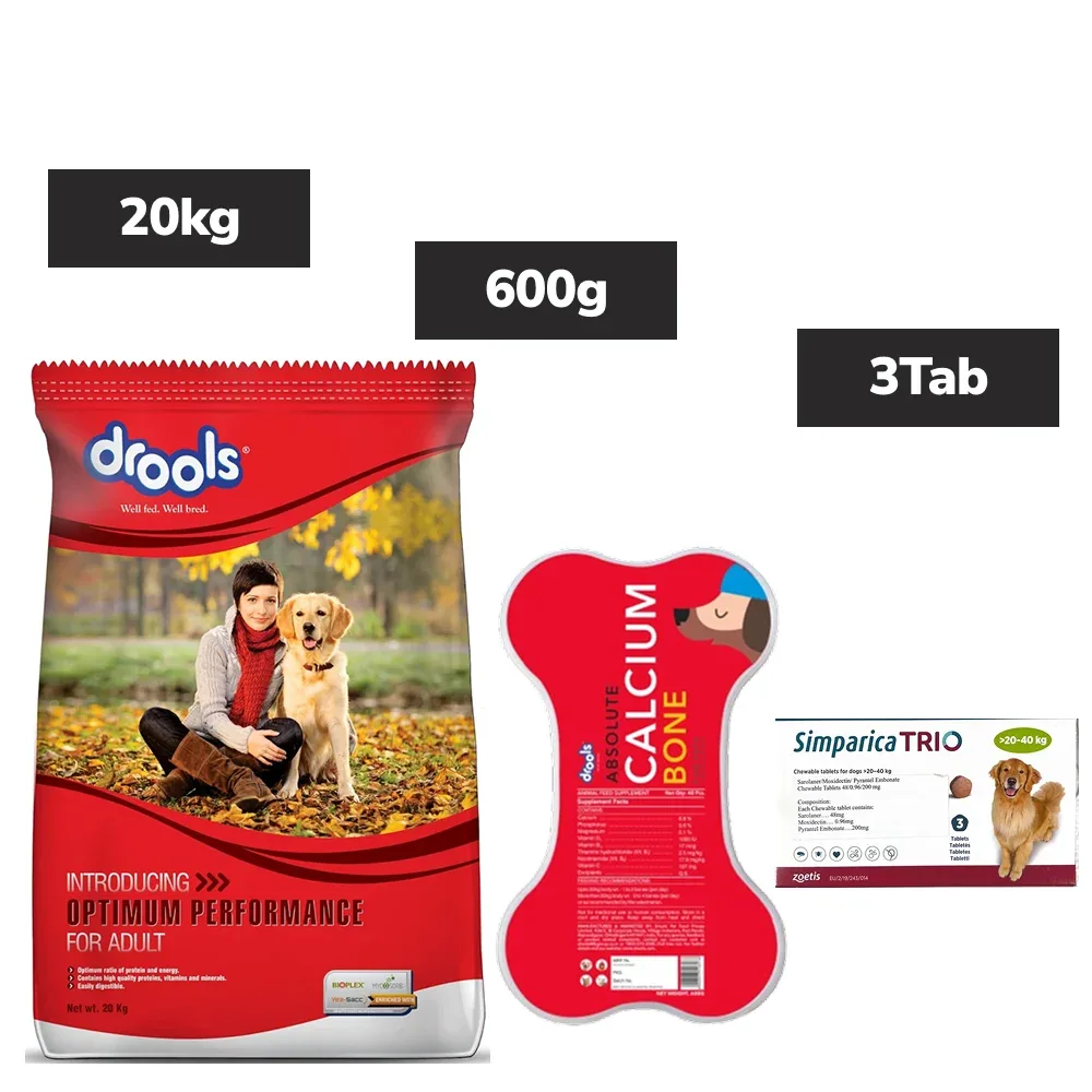 Zoetis Simparica Trio 20-40kg Tick & Flea Control Tablets, Drools Optimum Performance Adult Dry Food, Drools Absolute Calcium Bones Treats Dog Combo