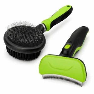 Pet Life ® 2-Piece Premium Deshedder and Dual-Sided Slicker and Bristle Brush Cat and Dog Grooming Set - Green