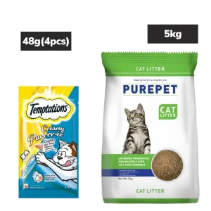 Temptations Creamy Chicken Tuna Treats, Purepet Lavender Scented Clumping Cats Litter Combo