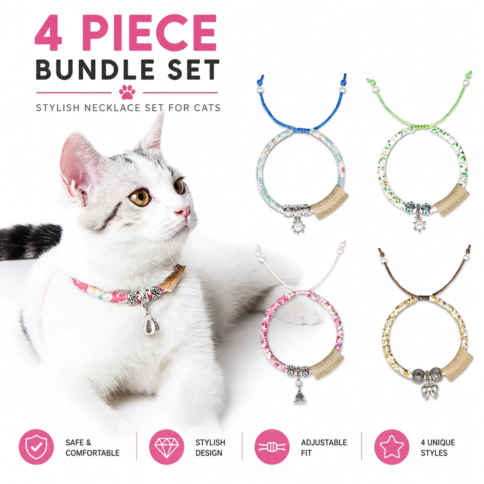 Pet Life ® Touchcat Lucky Charms Fashion Cat Necklace or Cat Collar with Designer Accent - 4 Pack