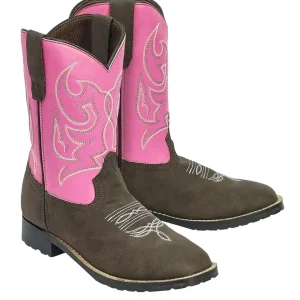 TuffRider Children's Voyageurs Square Toe Western Boot- Mocha with Hot Pink- 10C