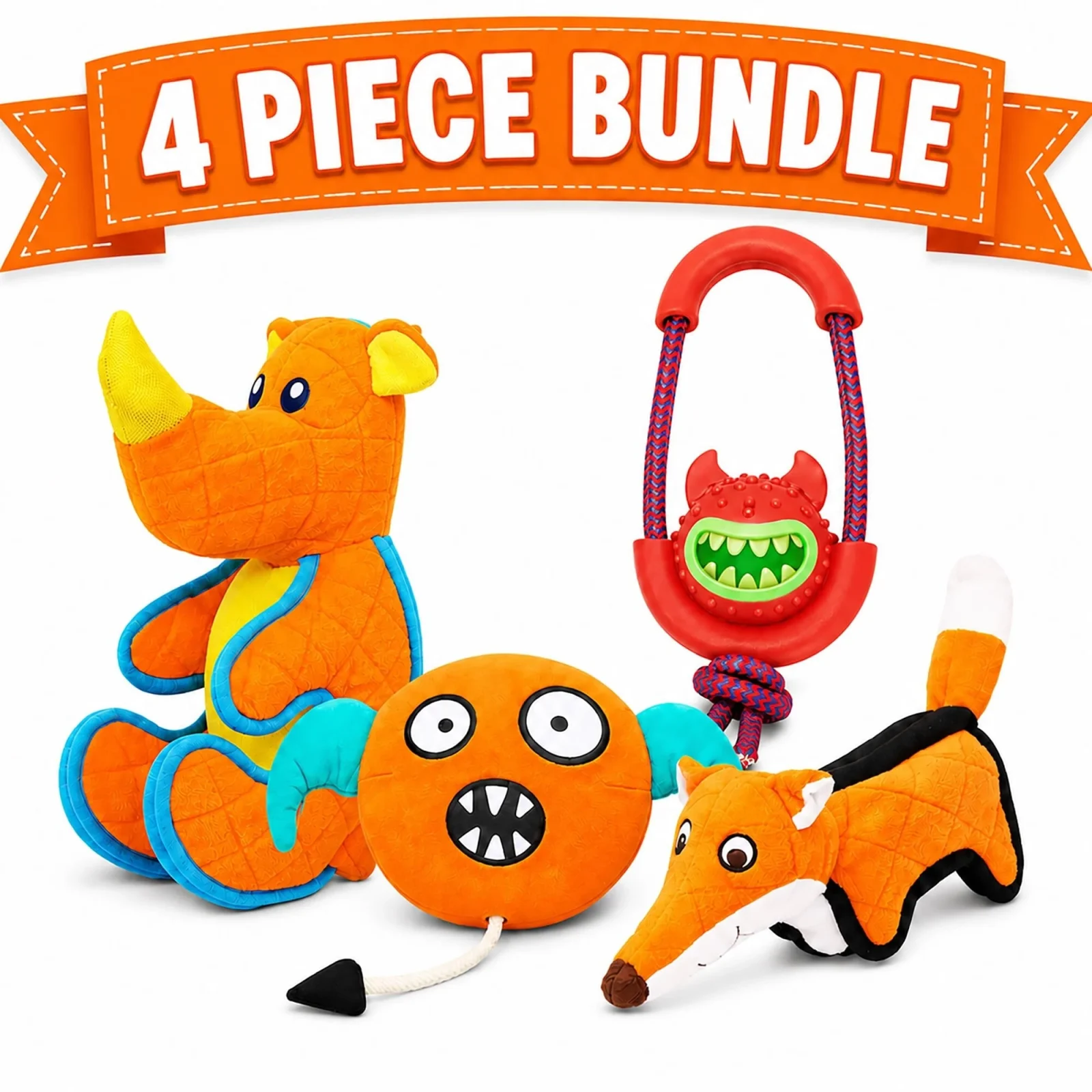 Pet Life ® 4-Piece Fetch Tug and Plush Squeaking Bundle Dog Toy Set - Orange - Image 2