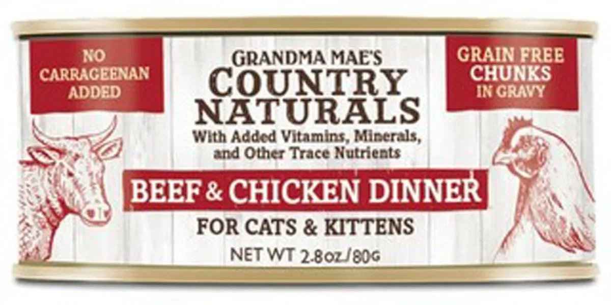 Grandma Mae's Country Naturals Grain-Free Wet Cat Food - Beef and Chicken Chunks Dinner in Gravy, 2.8 oz each, Case of 24