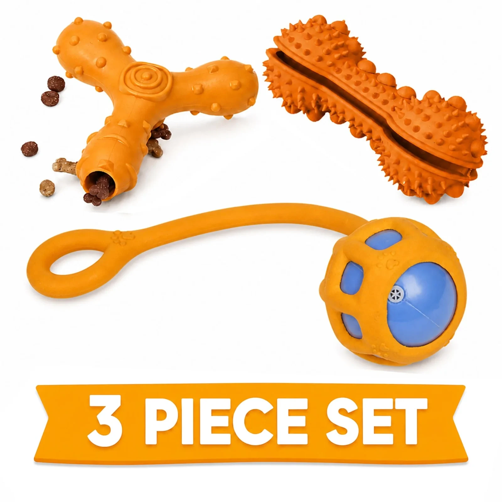 Pet Life ® 3-Piece Durable TPR Tug Squeak and Fetch Interactive Dog Toy Set - Orange - Image 2