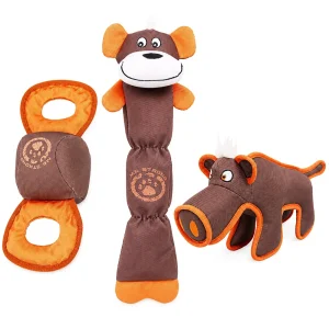 Pet Life ® 3-Piece Durable Nylon Plush Squeaking Bundle Dog Toy Set - Brown and Orange