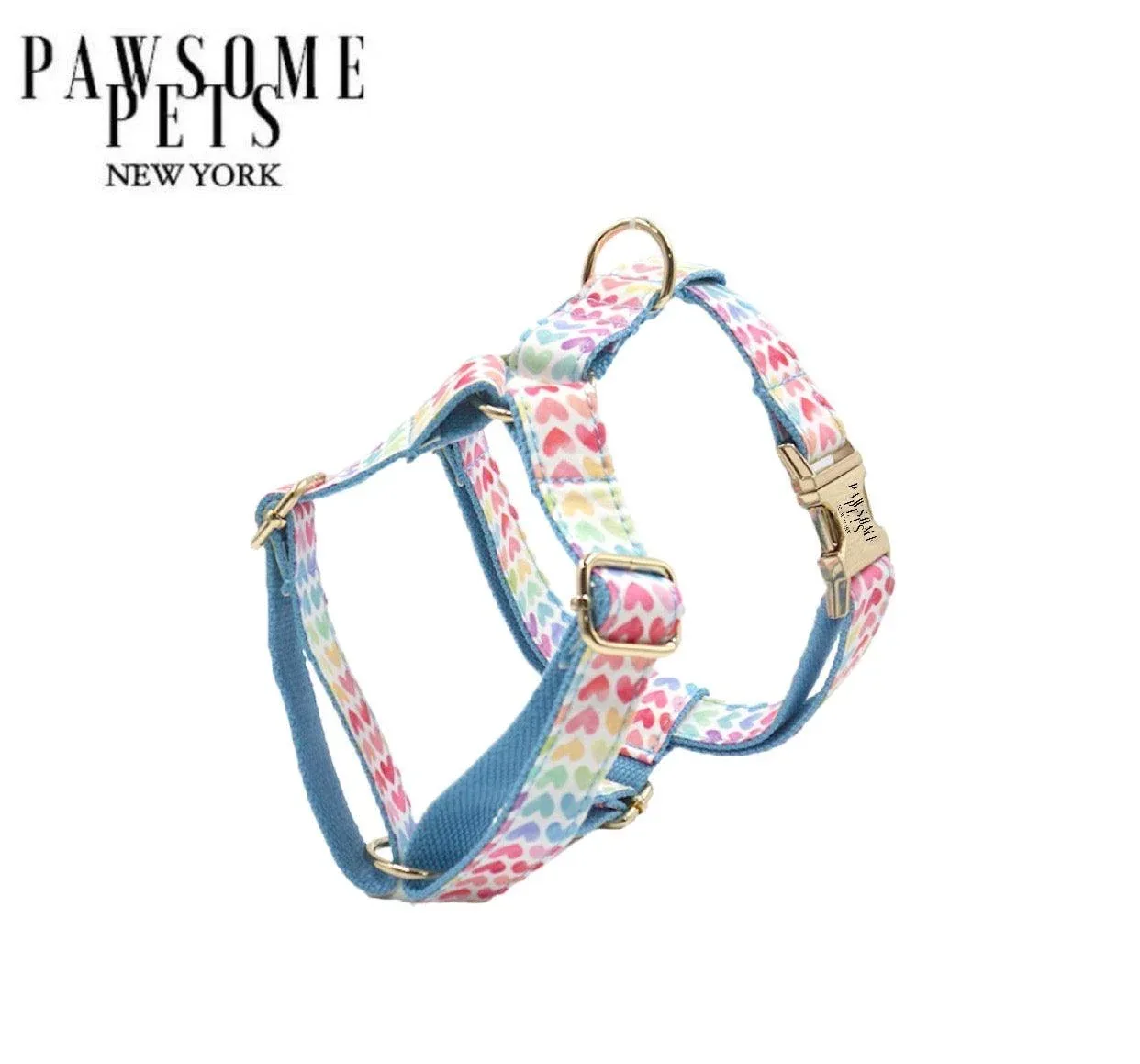 Step-in Dog Harness, Rainbow Heart Blue