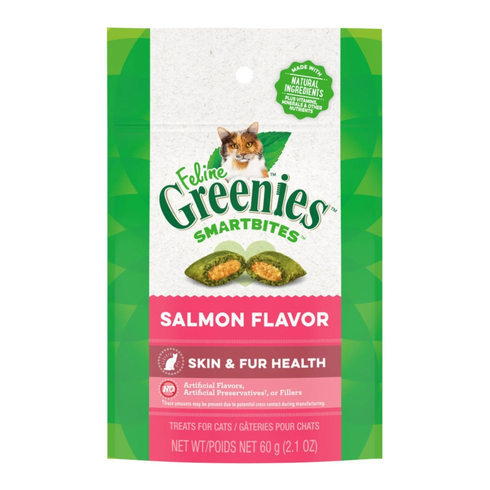 Greenies Feline SmartBites Skin Fur Crunchy Soft Adult Cat Treats Salmon, 2.1 oz