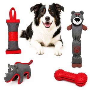 Pet Life ® 4-Piece Durable Plush Nylon and Rubber Fetch Squeak and Rope Dog Toy Set - Red and Gray