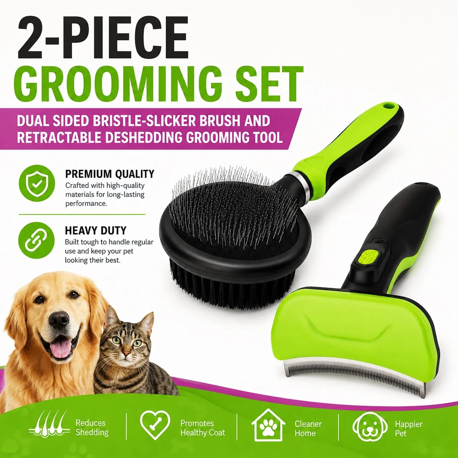 Pet Life ® 2-Piece Premium Deshedder and Dual-Sided Slicker and Bristle Brush Cat and Dog Grooming Set - Green - Image 2