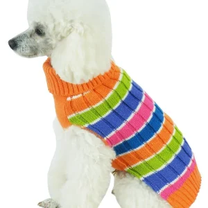 Pet Life ® 'Tutti-Beauty' Rainbow Heavy Cable Knitted Ribbed Designer Turtle Neck Dog Sweater