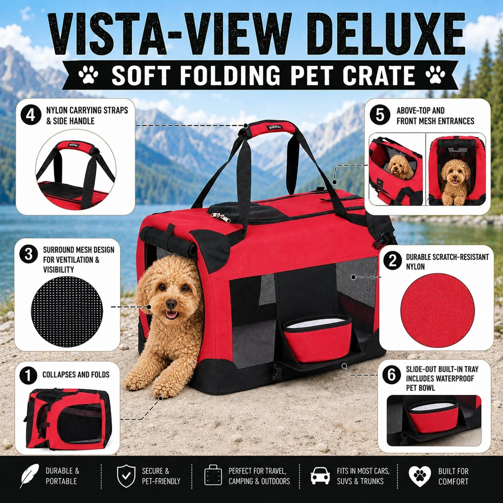 Pet Life ® 'Deluxe 360° Vista View' Zippered Soft Folding Collapsible Metal Framed Pet Dog Crate House Carrier w/ Removable Bowl and Pop-out Tray - Image 2