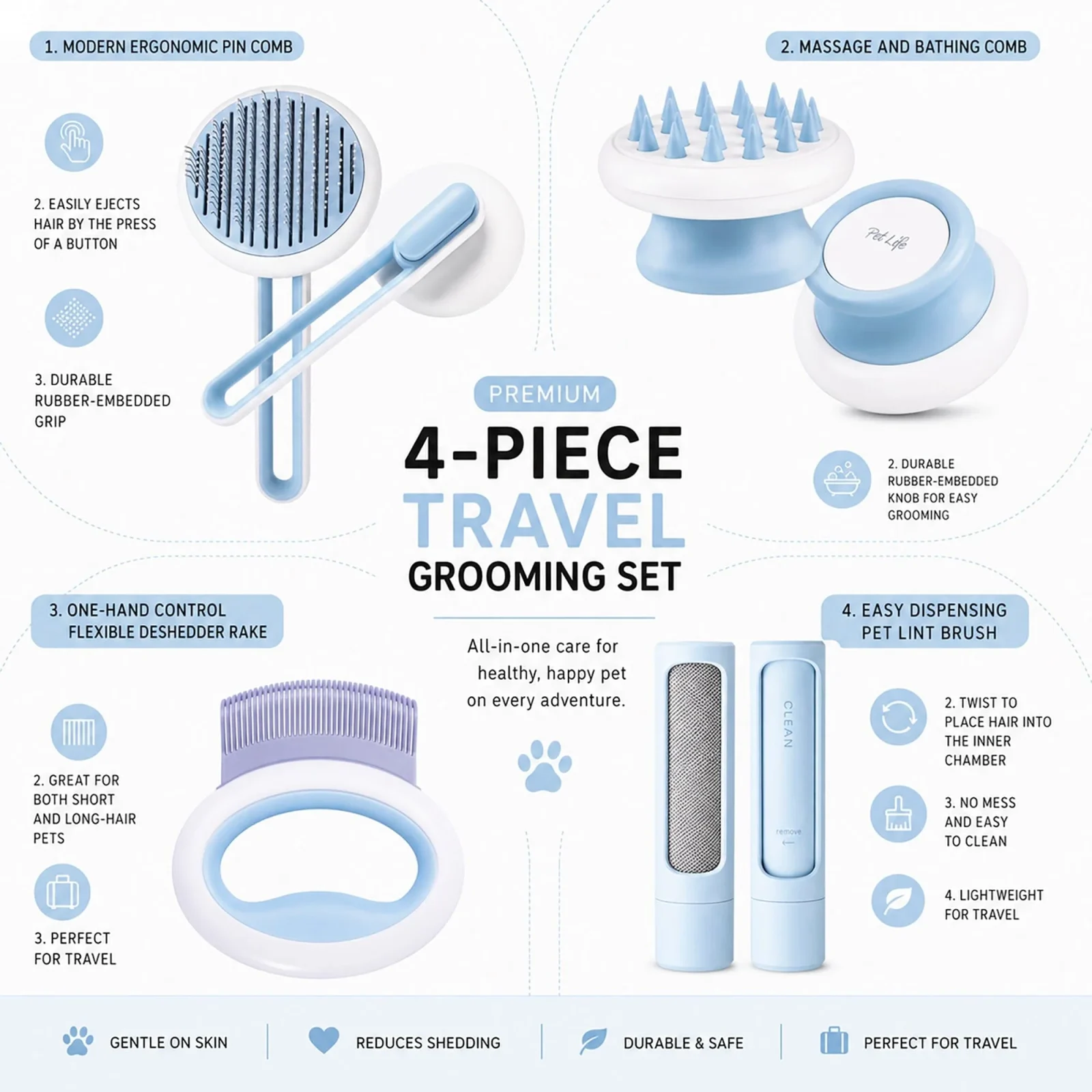 Pet Life ® 4-Piece Modern Premium Massage Slicker and Lint Brush and Deshedder Cat and Dog Grooming Set - Blue - Image 2