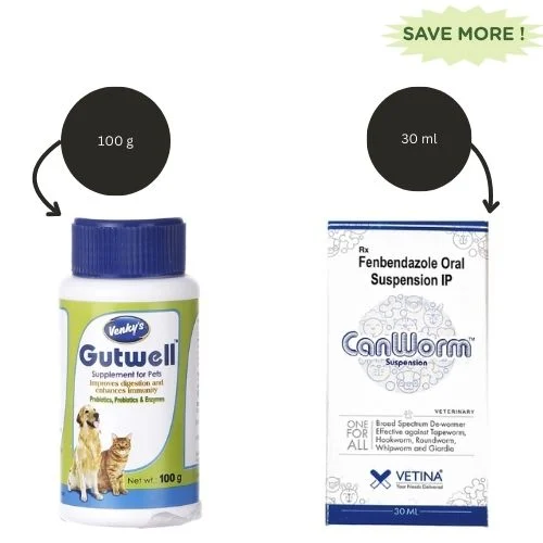 Vetina Canworm (Fenbendazole) Pet Deworming Suspension (30ml) and Venkys Gutwell Pre & Probiotics Gut Health Powder (100g) for Dogs and Cats Combo - Image 2