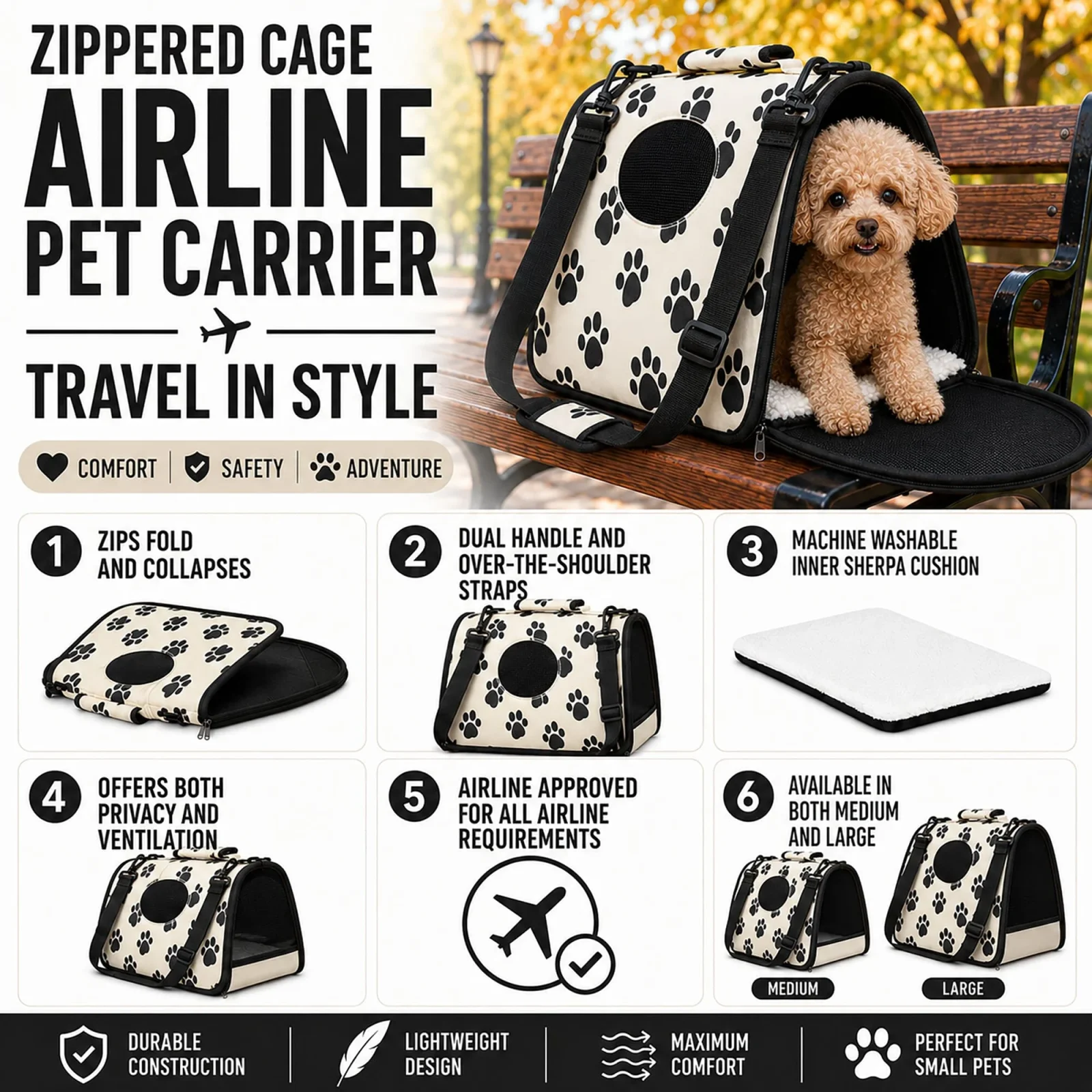 Pet Life ® Paw Patterned Airline Approved Zippered Folding Collapsible Travel Pet Dog Carrier - Image 2