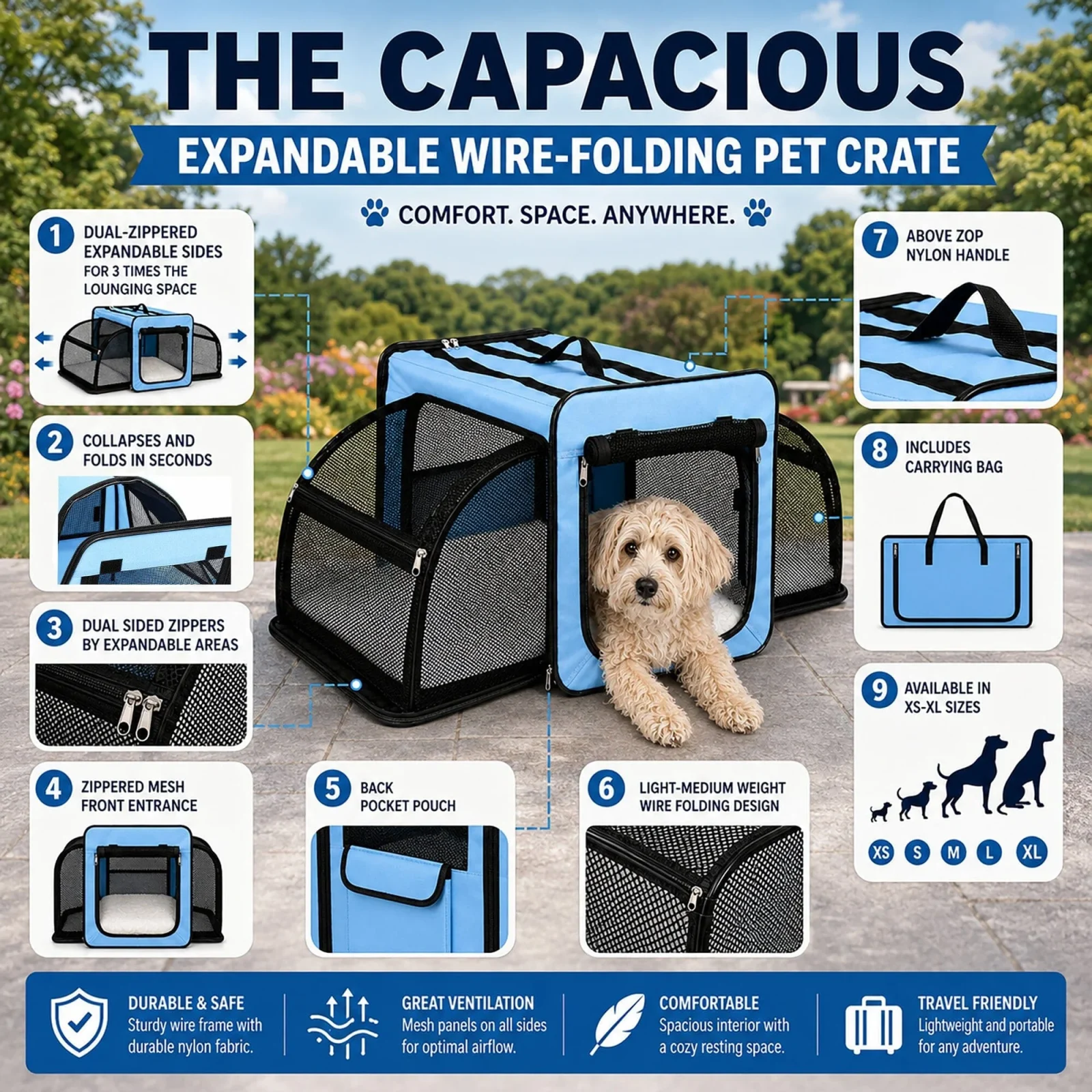 Pet Life ® 'Capacious' Dual-Sided Expandable Spacious Wire Folding Collapsible Lightweight Pet Dog Crate Carrier House - Image 2