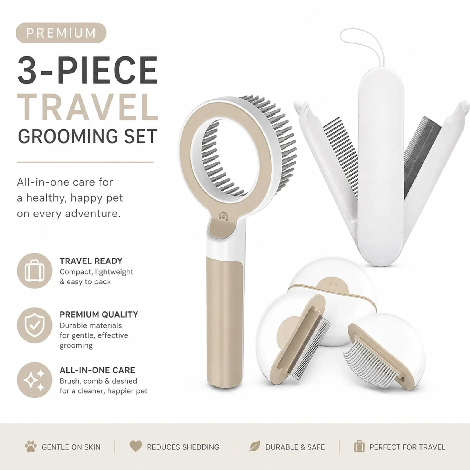 Pet Life ® 3-Piece Modern Premium and Travel Rake Deshedder and Comb Cat and Dog Grooming Set - Brown and White - Image 2