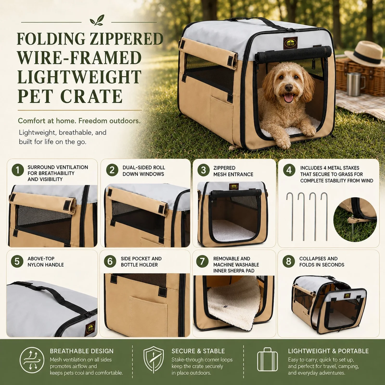 Pet Life ® 'Easy Folding' Zippered Folding Collapsible Wire Framed Lightweight Pet Dog Crate Carrier - Image 2