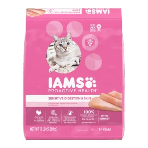IAMS Proactive Health Sensitive Digestion & Skin Adult Dry Cat Food Turkey, 13 lb