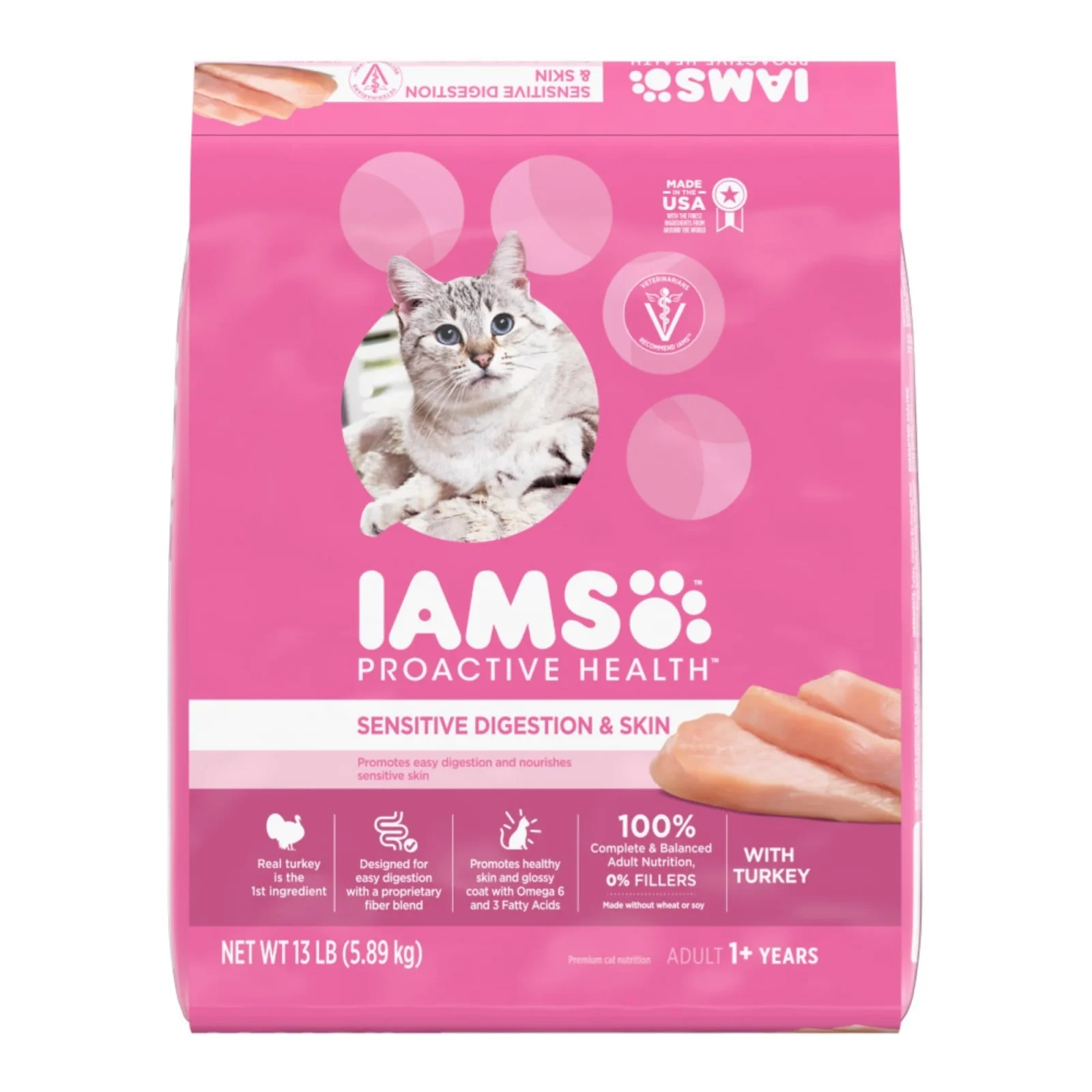 IAMS Proactive Health Sensitive Digestion & Skin Adult Dry Cat Food Turkey, 13 lb