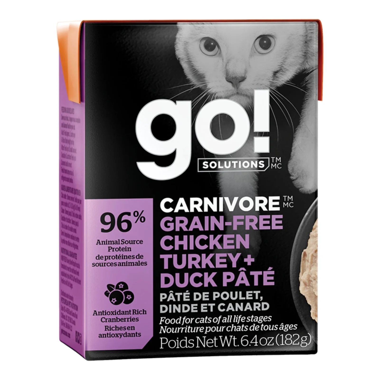 Go! Solutions Cat Carnivore Grain-Free Wet Cat Food Pate - Chicken, Turkey and Duck, 6.4 oz each, Case of 24