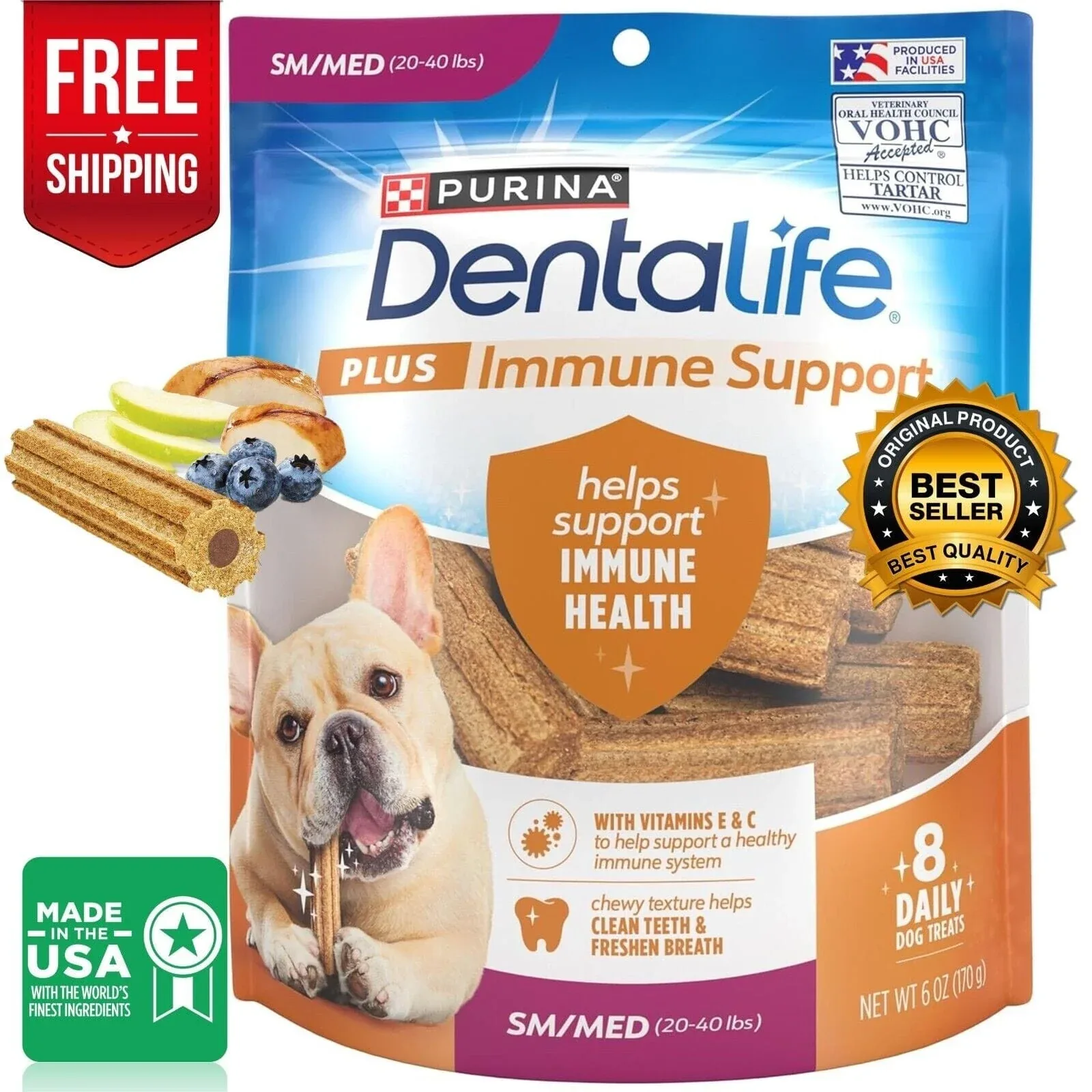 Purina DentaLife + Immune Support Chicken Apple and Blueberry Dental Dog Treats - Small/Medium