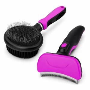 Pet Life ® 2-Piece Premium Deshedder and Dual-Sided Slicker and Bristle Brush Cat and Dog Grooming Set - Pink